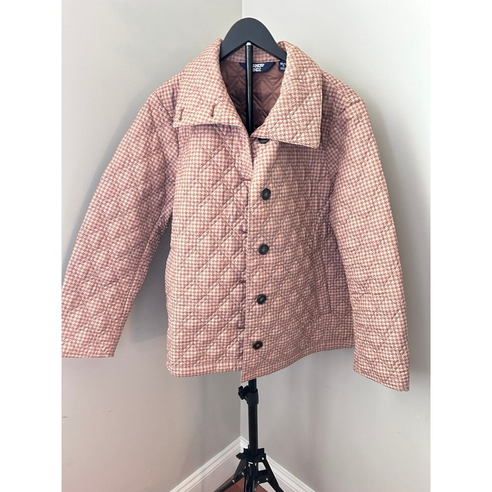 Lands' End Quilted Houndstooth Barn Jacket Pink Brown XL Petite 18